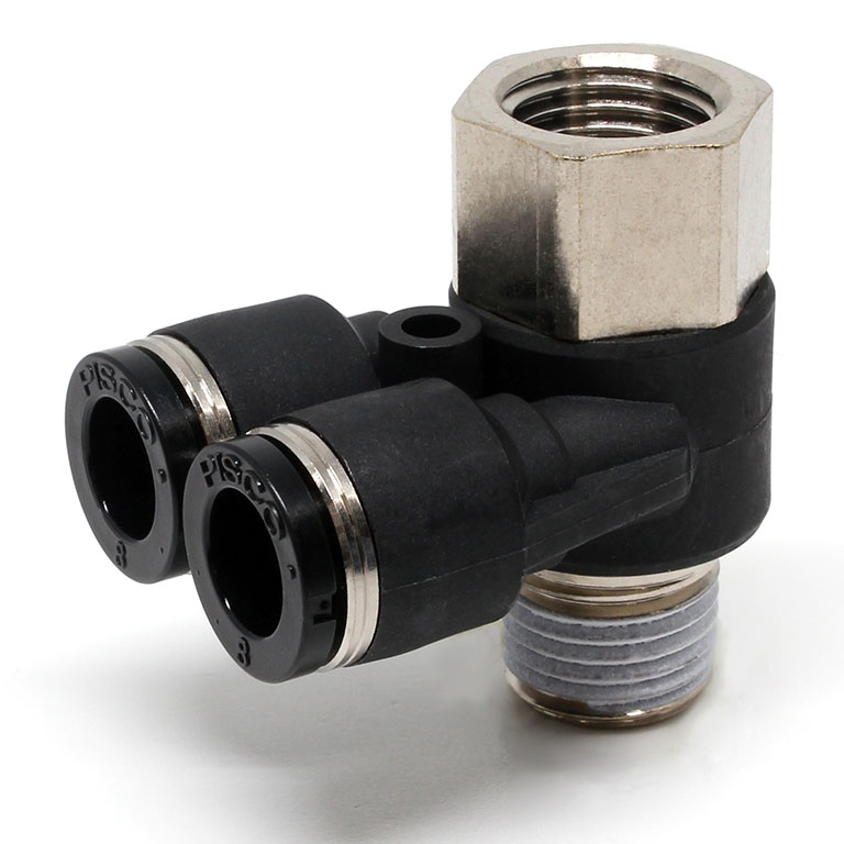 Đầu Nối Nhanh Khí Nén Hai Nhánh Cong 90° Đầu Lục Giác Trụ Ren Đực Cái Pisco PAF8-02-C