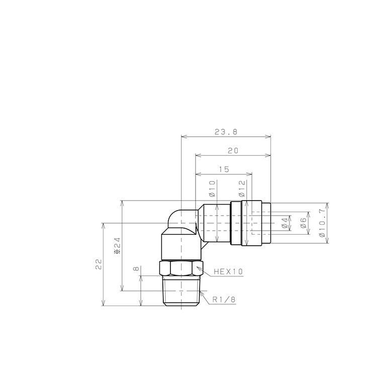 Bản vẽ kỹ thuật Đầu Nối Nhanh Khí Nén Dạng Cong 90° Ren Ngoài Pisco PL4-01V-0
