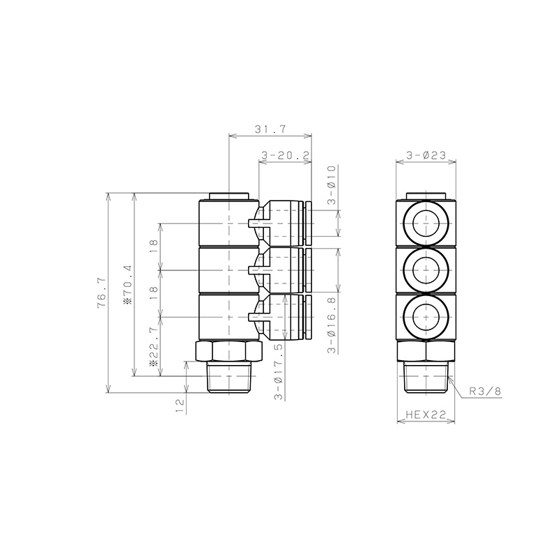 Bản vẽ kỹ thuật Đầu Nối Nhanh Khí Nén Ba Nhánh Cong 90° Thân Lục Giác Trụ Ren Ngoài Pisco SPHT10-03