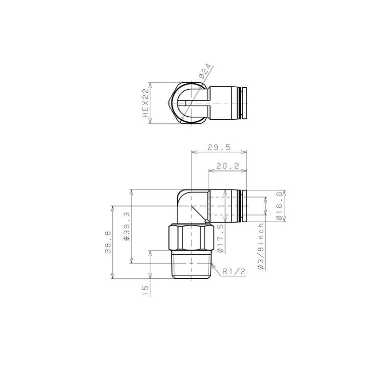 Bản vẽ kỹ thuật Đầu Nối Nhanh Khí Nén Dạng Cong 90° Ren Ngoài Có Khớp Xoay Pisco RL3/8-04