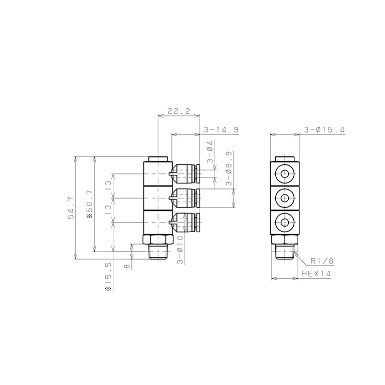 Bản vẽ kỹ thuật Đầu Nối Nhanh Khí Nén Ba Nhánh Cong 90° Thân Lục Giác Trụ Ren Ngoài Pisco SPHT4-01