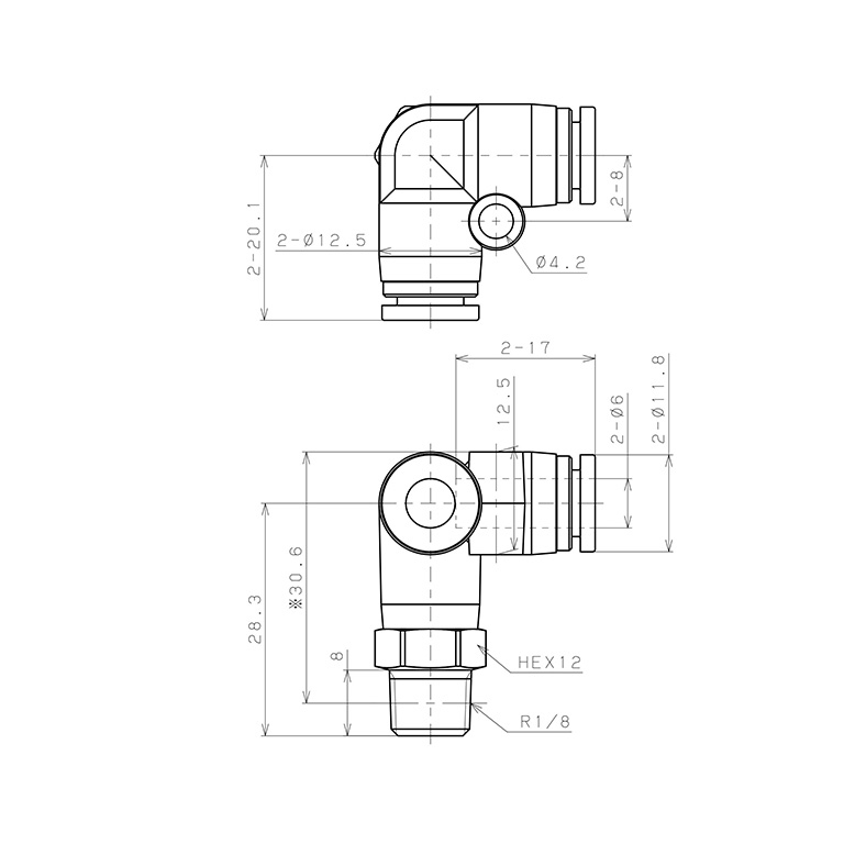 Bản vẽ kỹ thuật Đầu Nối Nhanh Khí Nén Hai Nhánh Chạc Ba Cong 90° Ren Ngoài Pisco SPVX6-01