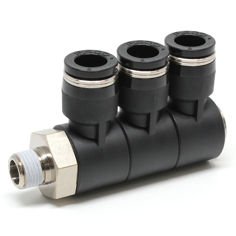 Đầu Nối Nhanh Khí Nén Ba Nhánh Cong 90° Thân Lục Giác Trụ Ren Ngoài Pisco PHT8-01-C