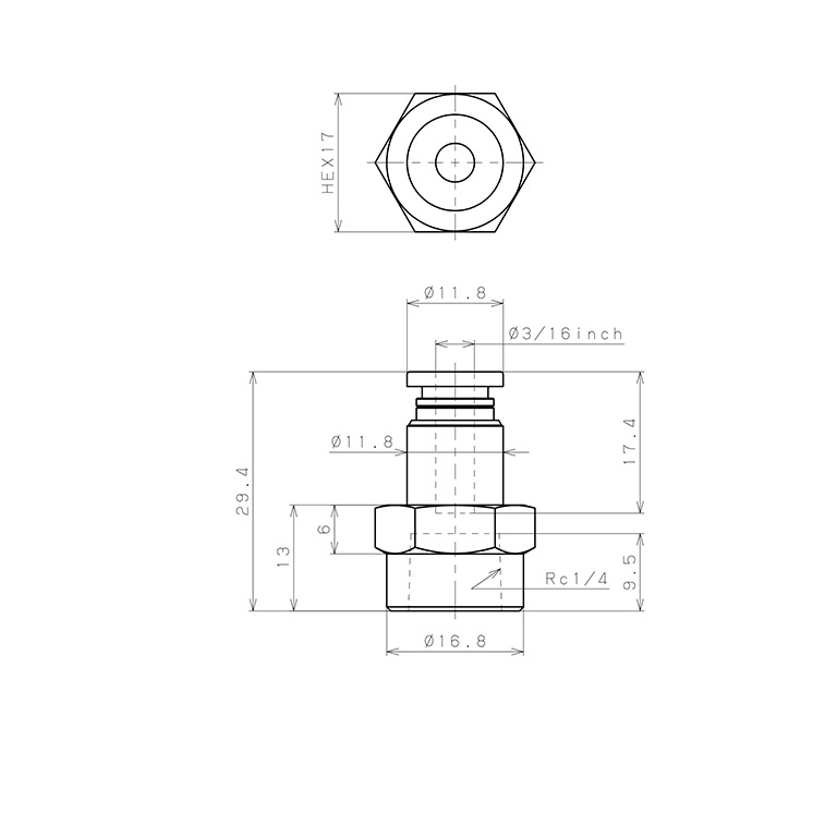 Bản vẽ kỹ thuật Đầu Nối Nhanh Khí Nén Dạng Thẳng Ren Trong Pisco PCF3/16-02-C