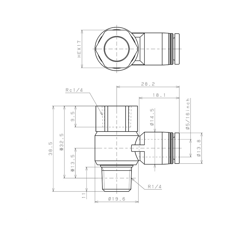 Bản vẽ kỹ thuật Đầu Nối Nhanh Khí Nén Cong 90° Đầu Lục Giác Trụ Ren Đực Cái Pisco PHF5/16-02
