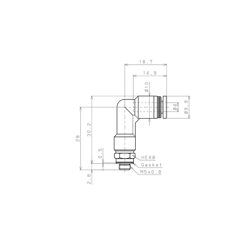 Bản vẽ kỹ thuật Đầu Nối Nhanh Khí Nén Dạng Cong 90° Ren Ngoài (Dài) Pisco PLL4-M5W
