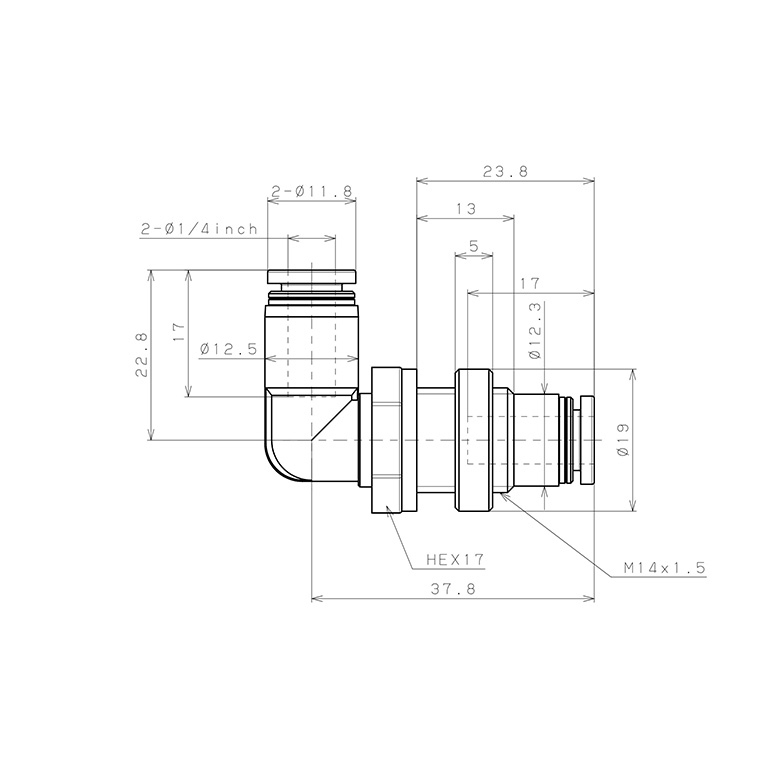 Bản vẽ kỹ thuật Đầu Nối Nhanh Khí Nén Cong 90° Ren Ngoài Lắp Kẹp Vách Pisco PML1/4