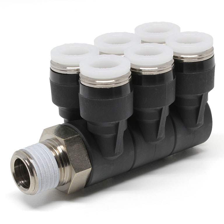 Đầu Nối Nhanh Khí Nén Sáu Nhánh Cong 90° Thân Lục Giác Trụ Ren Ngoài Pisco PAT5/16-02