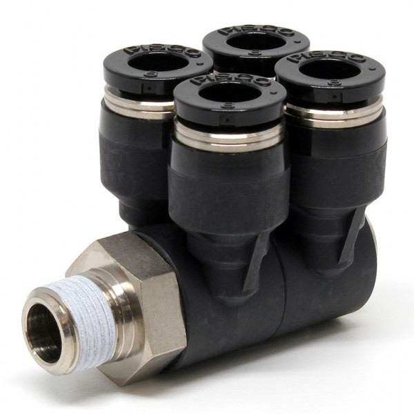 Đầu Nối Nhanh Khí Nén Bốn Nhánh Cong 90° Thân Lục Giác Trụ Ren Ngoài Pisco PAW6-01