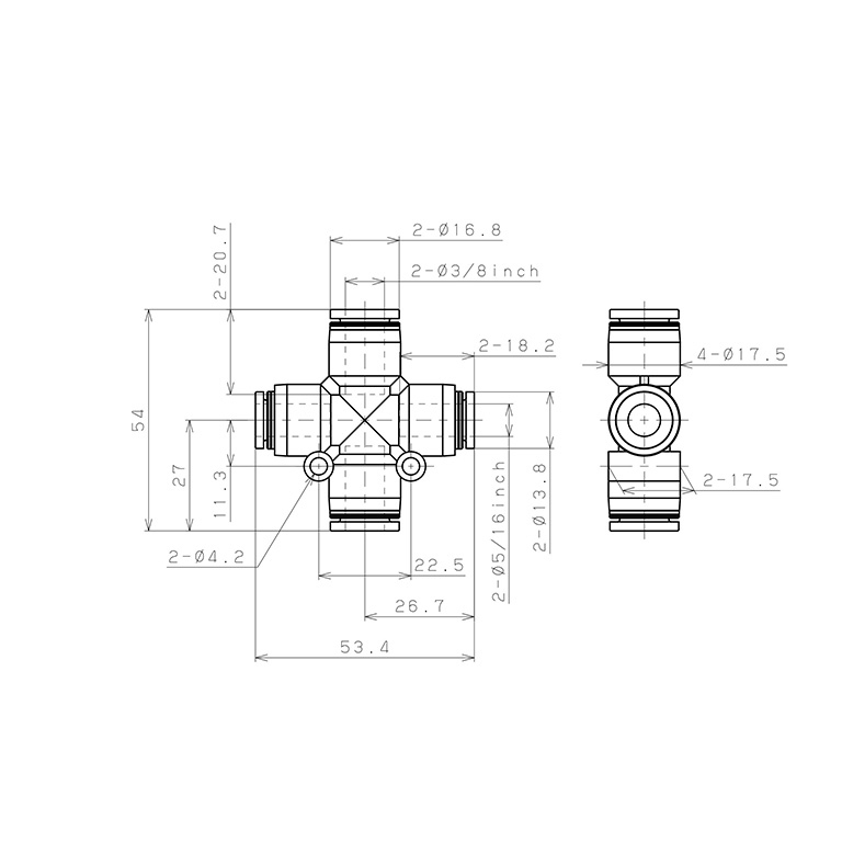 Bản vẽ kỹ thuật Đầu Nối Nhanh Khí Nén Ngã 4 Dạng Nối Giảm Pisco PZB3/8-5/16