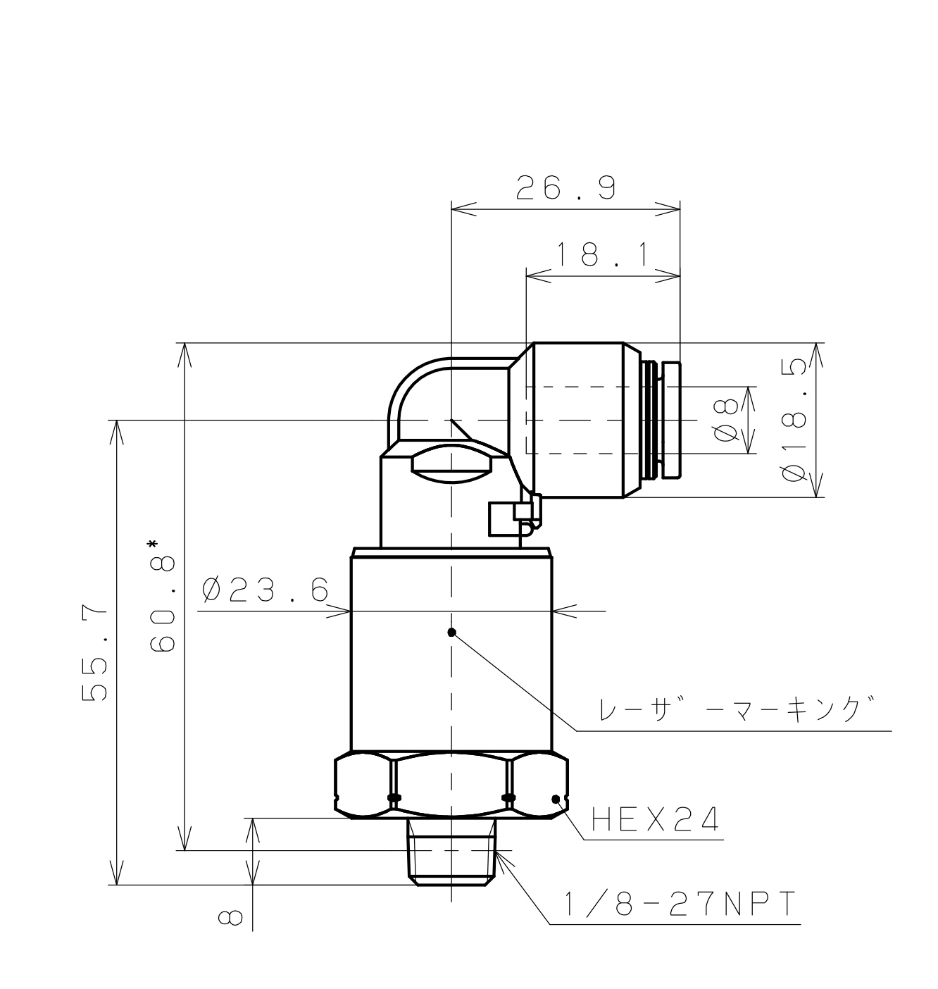 Bản vẽ kỹ thuật Đầu Nối Nhanh Khí Nén Dạng Cong 90° Ren Ngoài Có Khớp Xoay Pisco RAL8-N1SUS-F-TP