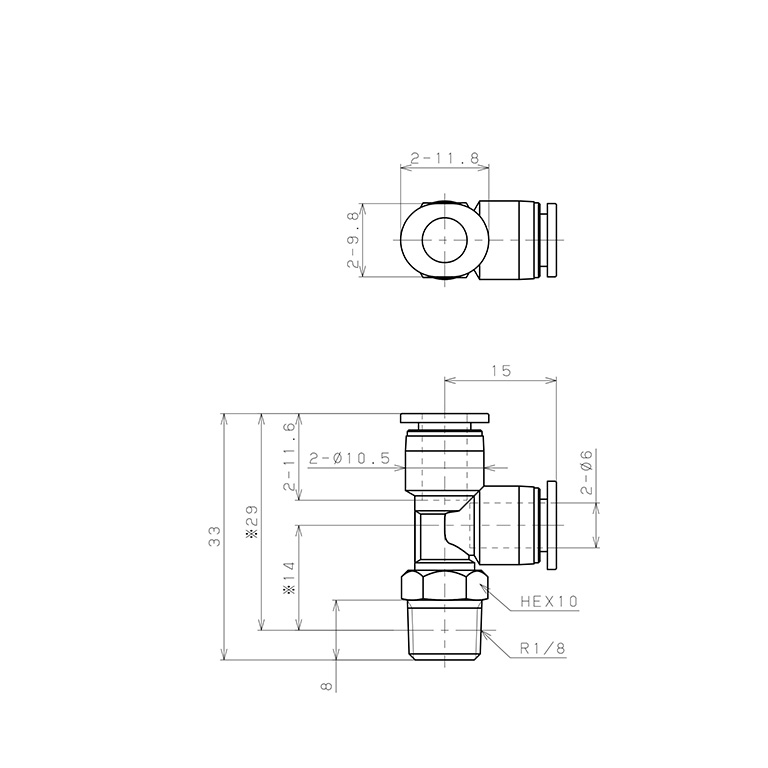 Bản vẽ kỹ thuật Đầu Nối Nhanh Khí Nén Dạng Chữ T Ren Ngoài Pisco PD6-01M
