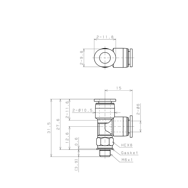 Bản vẽ kỹ thuật Đầu Nối Nhanh Khí Nén Dạng Chữ T Ren Ngoài Pisco PD6-M6MW