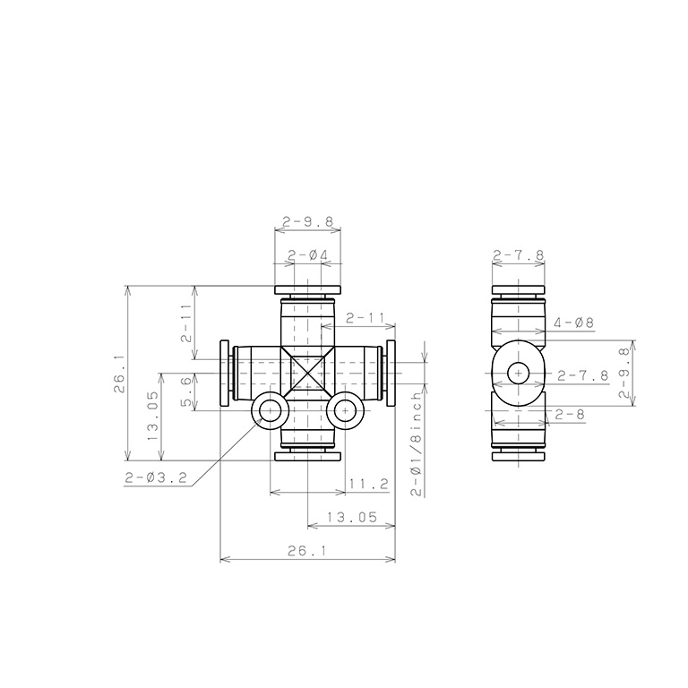 Bản vẽ kỹ thuật Đầu Nối Nhanh Khí Nén Ngã 4 Dạng Nối Giảm Pisco PZB4-1/8M