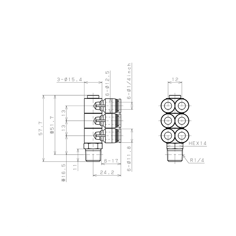 Bản vẽ kỹ thuật Đầu Nối Nhanh Khí Nén Sáu Nhánh Cong 90° Thân Lục Giác Trụ Ren Ngoài Pisco PAT1/4-02