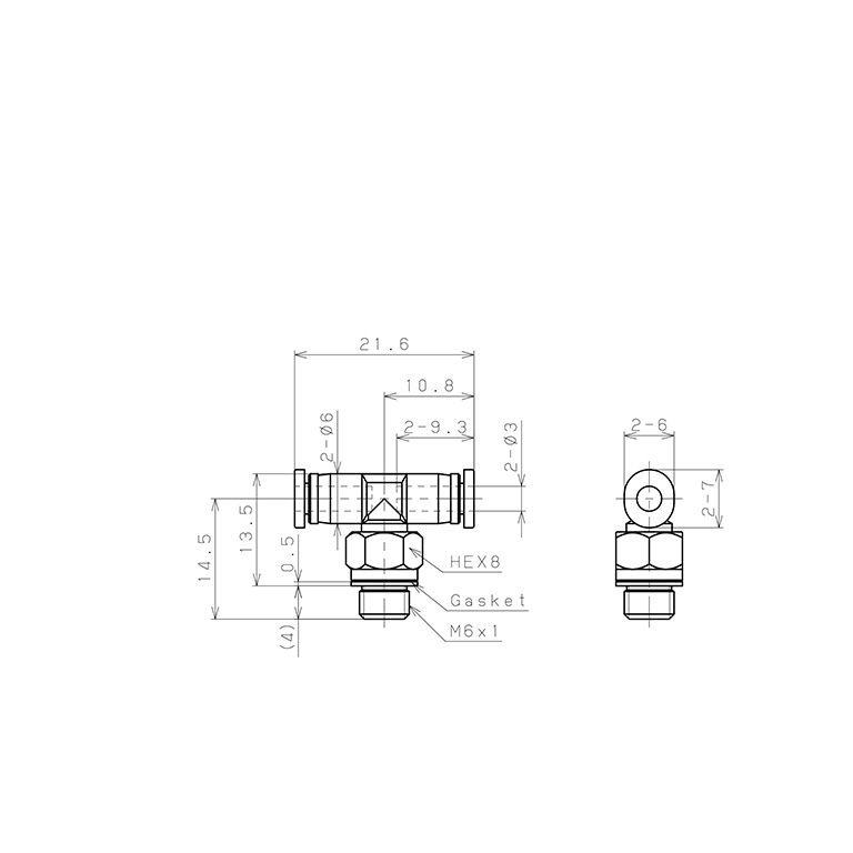 Bản vẽ kỹ thuật Đầu Nối Nhanh Khí Nén Dạng Chữ T Ren Ngoài Pisco PB3-M6M-C