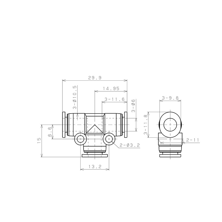 Bản vẽ kỹ thuật Đầu Nối Nhanh Khí Nén Chữ T Pisco PE6MW
