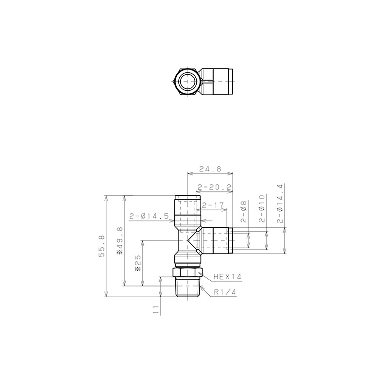 Bản vẽ kỹ thuật Đầu Nối Nhanh Khí Nén Dạng Chữ T Ren Ngoài Pisco KD8-02-F