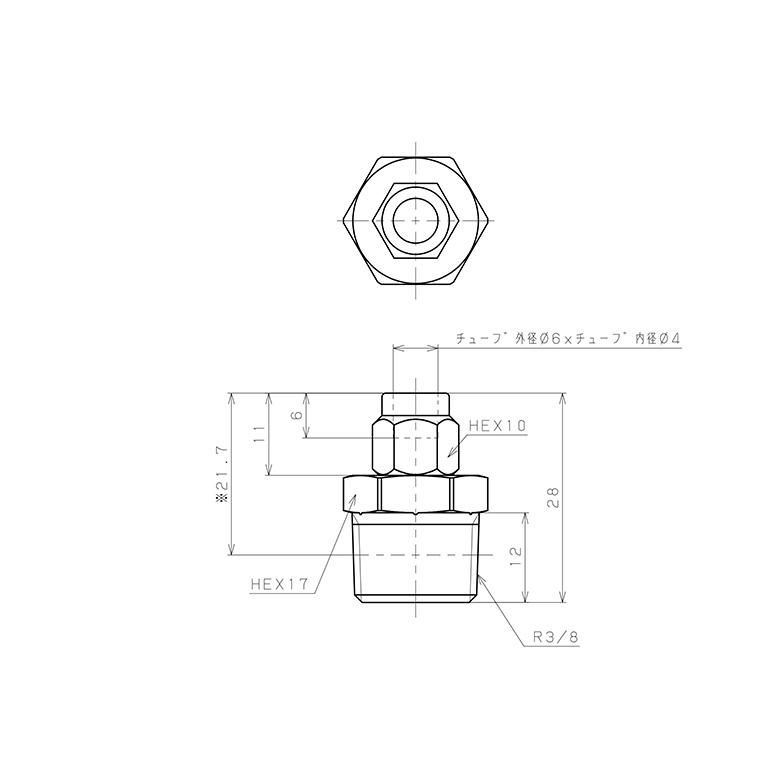 Bản vẽ kỹ thuật Đầu Ngạnh Nối Ống Có Đai Ốc Xiết Dạng Thẳng Thân Lục Giác Ren Ngoài Pisco NKC0640-03