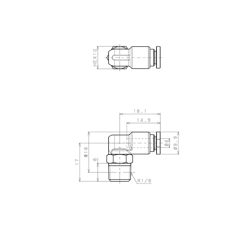 Bản vẽ kỹ thuật Đầu Nối Nhanh Khí Nén Dạng Cong 90° Ren Ngoài Pisco SSPL4-01-TP-C
