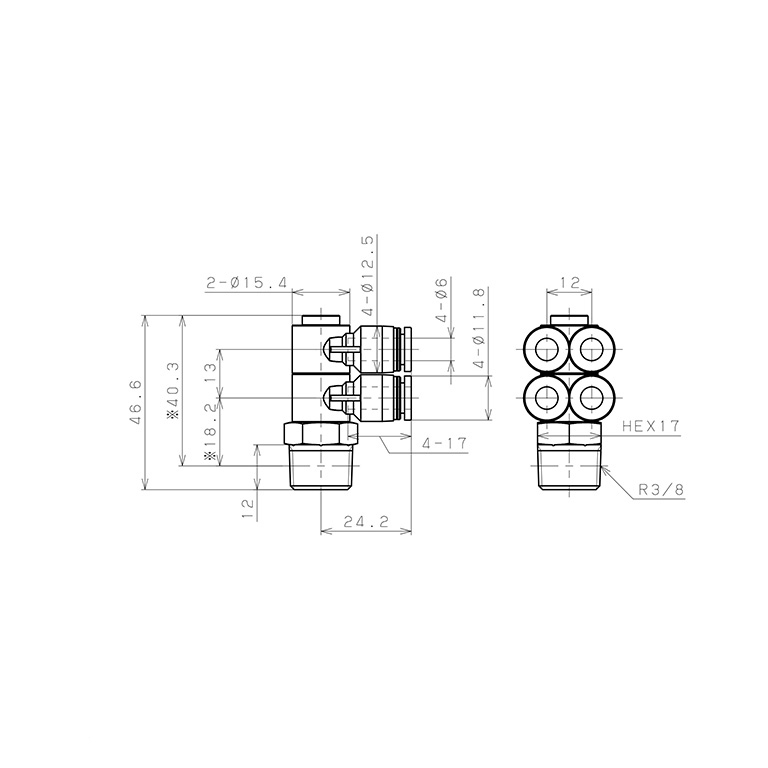 Bản vẽ kỹ thuật Đầu Nối Nhanh Khí Nén Bốn Nhánh Cong 90° Thân Lục Giác Trụ Ren Ngoài Pisco PAW6-03W