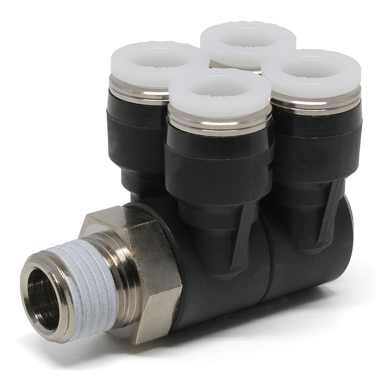 Đầu Nối Nhanh Khí Nén Bốn Nhánh Cong 90° Thân Lục Giác Trụ Ren Ngoài Pisco PAW5/16-02