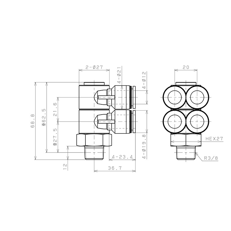 Bản vẽ kỹ thuật Đầu Nối Nhanh Khí Nén Bốn Nhánh Cong 90° Thân Lục Giác Trụ Ren Ngoài Pisco PAW12-03