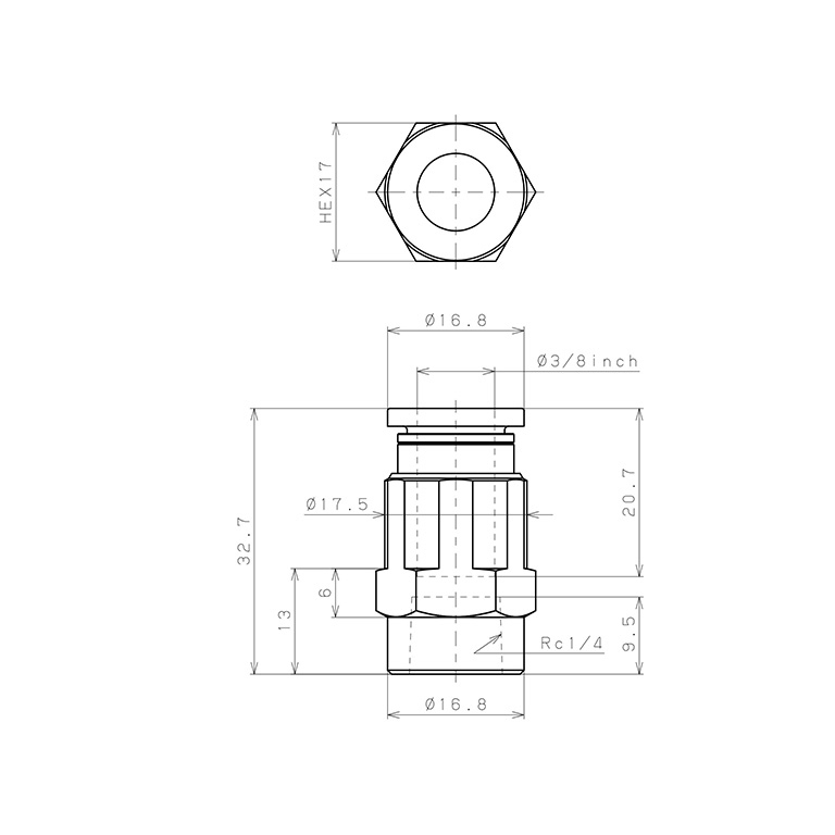 Bản vẽ kỹ thuật Đầu Nối Nhanh Khí Nén Dạng Thẳng Ren Trong Pisco PCF3/8-02-UC