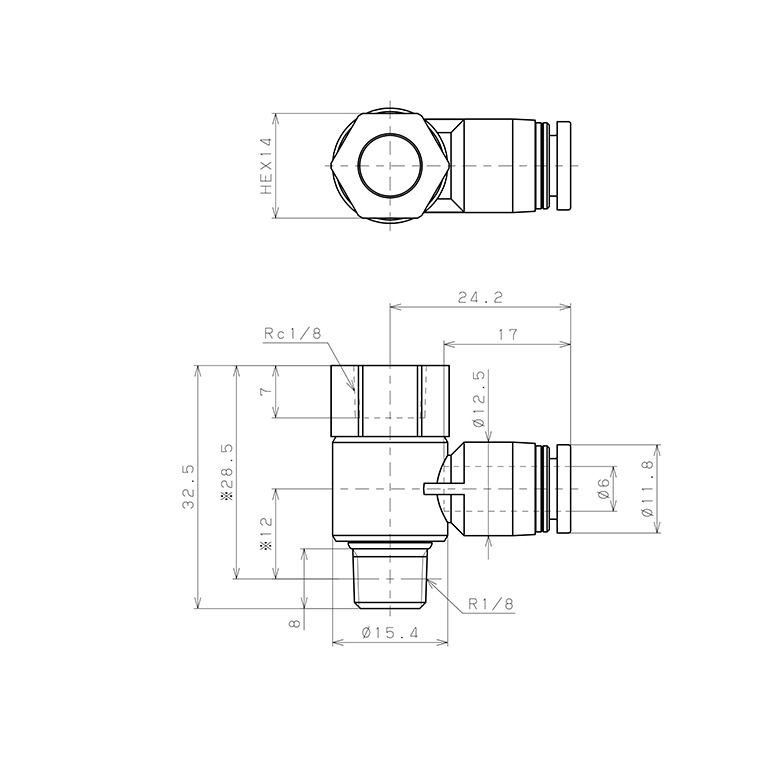 Bản vẽ kỹ thuật Đầu Nối Nhanh Khí Nén Cong 90° Đầu Lục Giác Trụ Ren Đực Cái Pisco PHF6-01