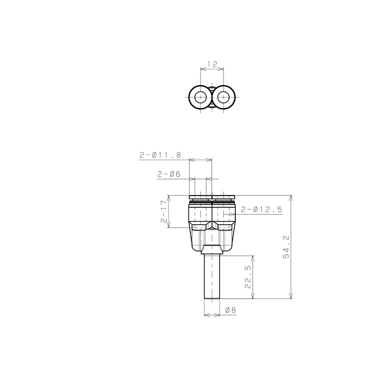 Bản vẽ kỹ thuật Đầu Nối Nhanh Khí Nén Giữa Ống Khí Và Fitting Dạng Nối Giảm Chữ Y Pisco PWJ8-6-C