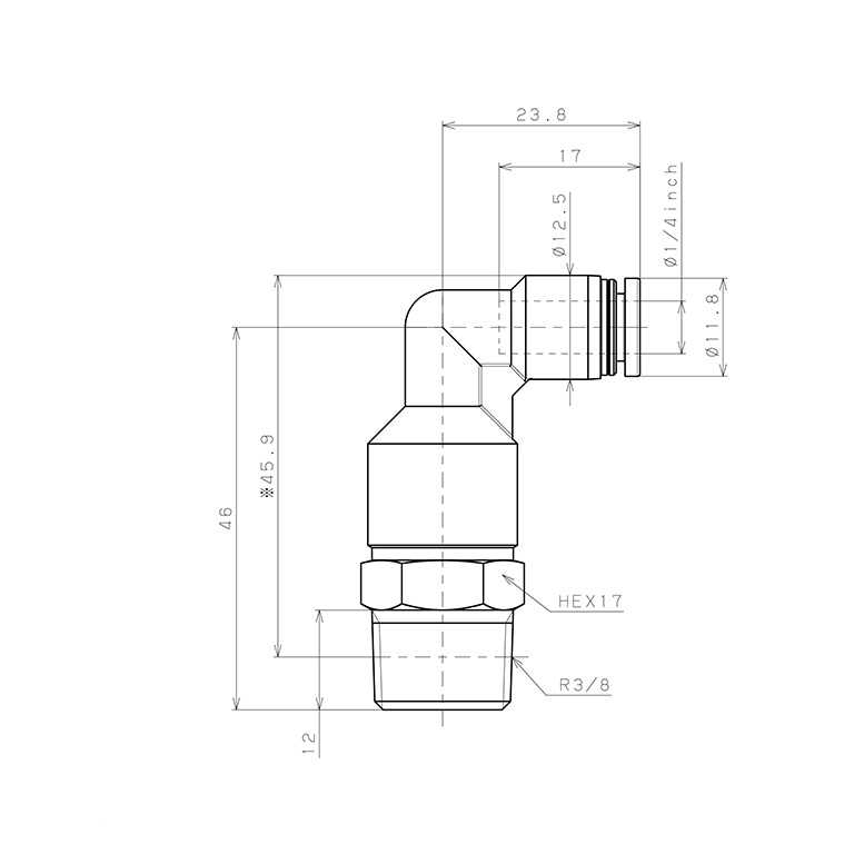 Bản vẽ kỹ thuật Đầu Nối Nhanh Khí Nén Dạng Cong 90° Ren Ngoài (Dài) Pisco PLL1/4-03W