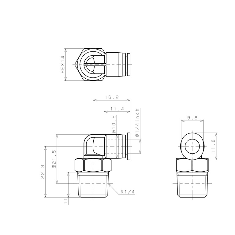 Bản vẽ kỹ thuật Đầu Nối Nhanh Khí Nén Dạng Cong 90° Ren Ngoài Pisco PL1/4-02MW