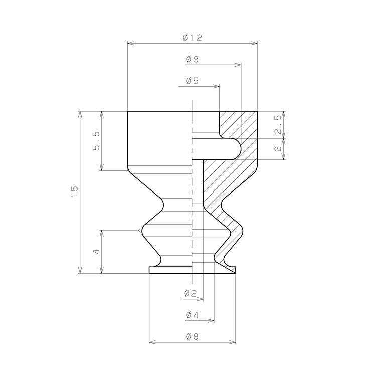 Bản vẽ kỹ thuật Đầu Nấm Hút Chân Không Dạng Lò Xo, Cao Su Nitrile Dẫn Điện (Điện Trở Thấp), O.D 8 mm, Pisco VP8LBNE