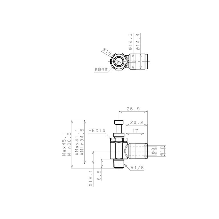 Bản vẽ kỹ thuật Van Tiết Lưu Khí Nén Bằng Đồng Mạ Niken Pisco KJSC8-01A