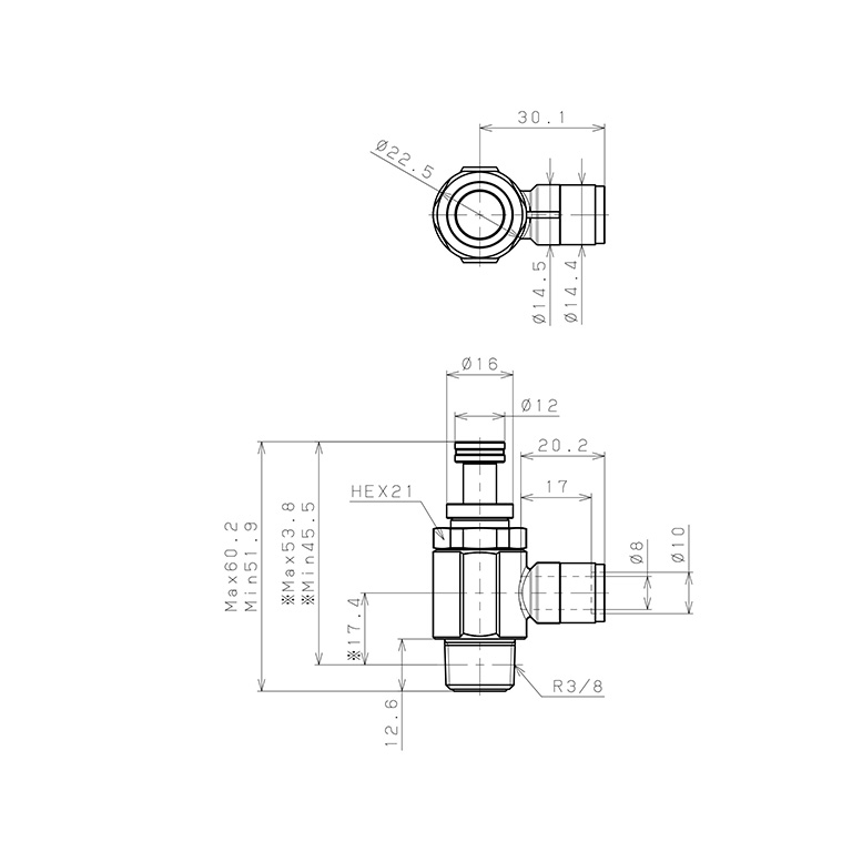 Bản vẽ kỹ thuật Van Tiết Lưu Khí Nén Chân Kim, Đồng Mạ Niken Pisco KJNC8-03-F