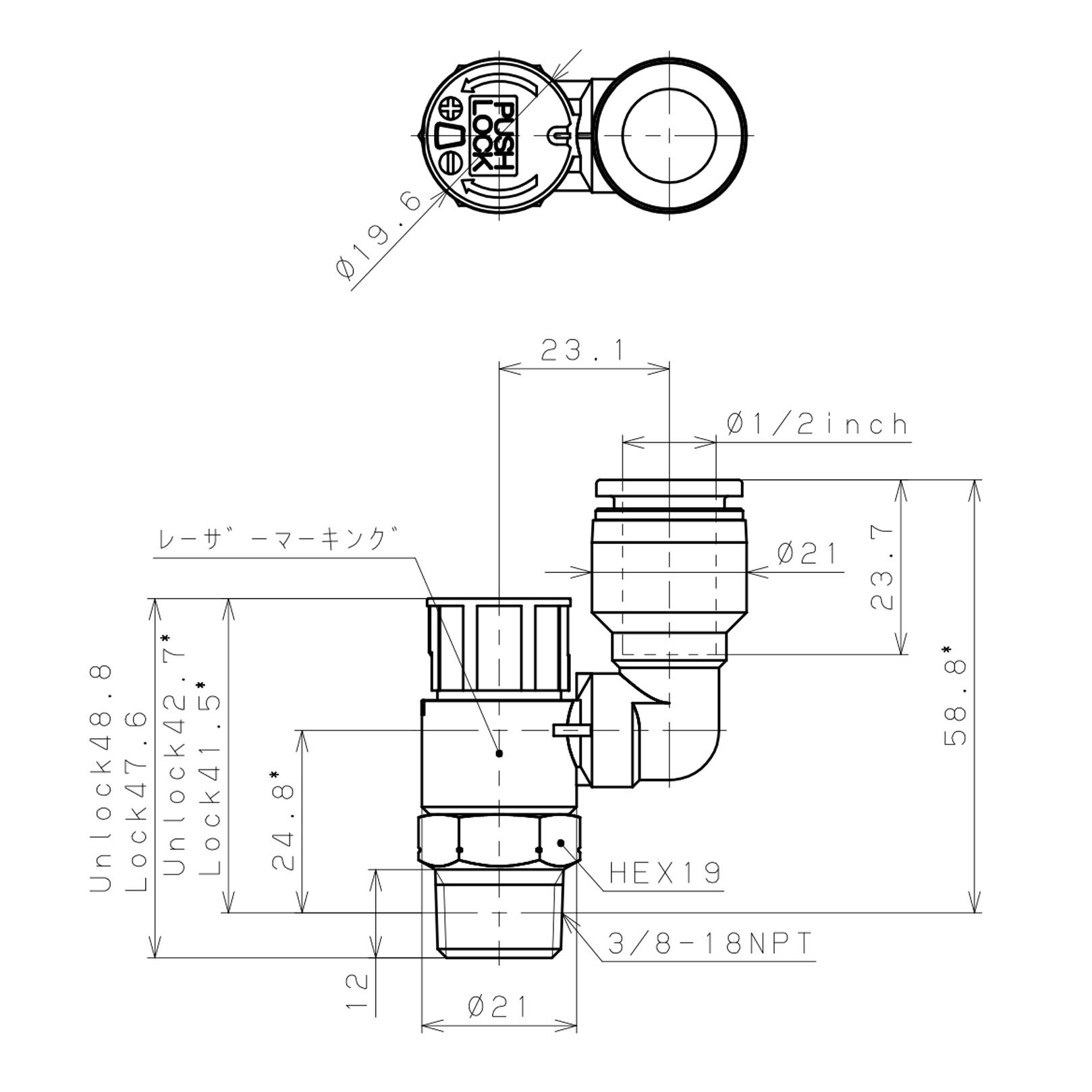 Bản vẽ kỹ thuật Van Tiết Lưu Khí Nén Loại Khóa Đẩy Có Hiển Thị Chỉ Số Pisco JSGS1/2-N3ALW