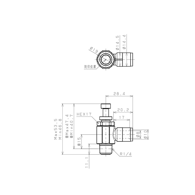 Bản vẽ kỹ thuật Van Tiết Lưu Khí Nén Bằng Đồng Mạ Niken Pisco KJSC8-02A