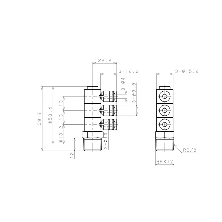 Bản vẽ kỹ thuật Đầu Nối Nhanh Khí Nén Ba Nhánh Cong 90° Thân Lục Giác Trụ Ren Ngoài Pisco SPHT4-03