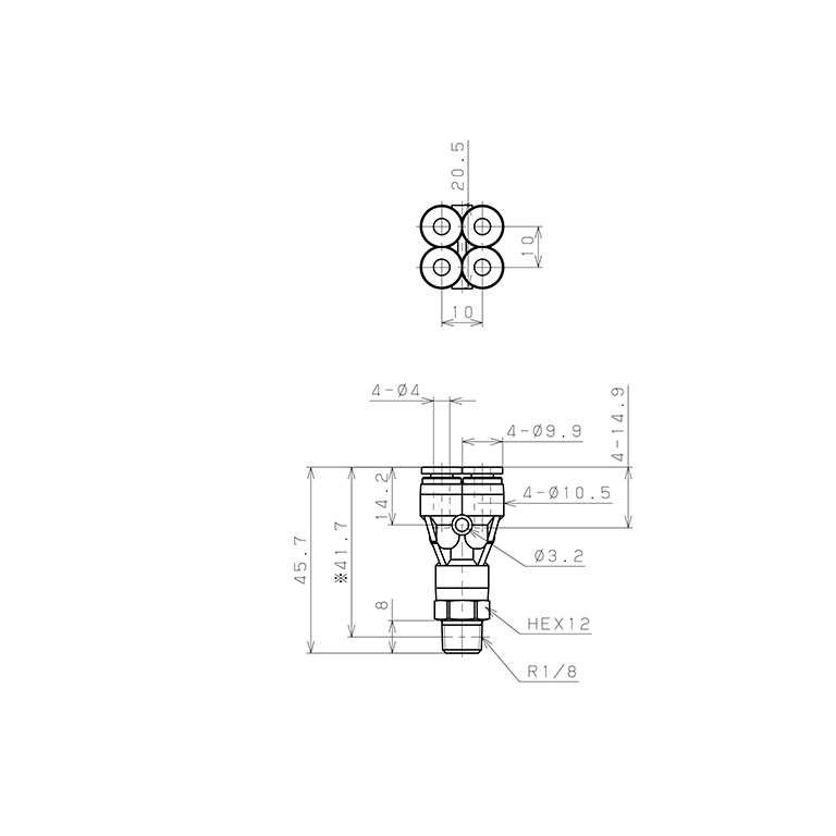 Bản vẽ kỹ thuật Đầu Nối Nhanh Khí Nén Dạng Chữ Y Bốn Nhánh Ren Ngoài Pisco SPRX4-01-UC