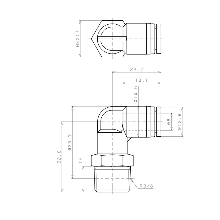 Bản vẽ kỹ thuật Đầu Nối Nhanh Khí Nén Dạng Cong 90° Ren Ngoài Pisco SPL8-03