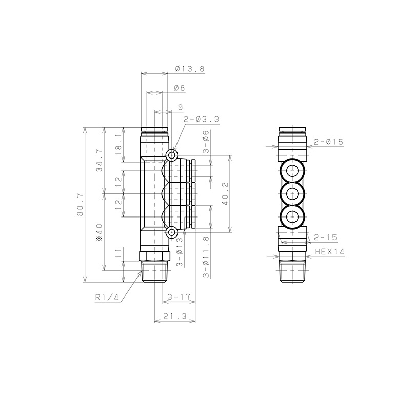 Bản vẽ kỹ thuật Đầu Nối Nhanh Khí Nén Dạng Chữ T Bốn Nhánh Ren Ngoài Pisco SPKD8-6-02