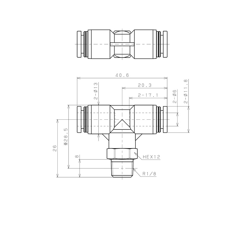 Bản vẽ kỹ thuật Đầu Nối Nhanh Khí Nén Dạng Chữ T Ren Ngoài Pisco PPB6-01-C