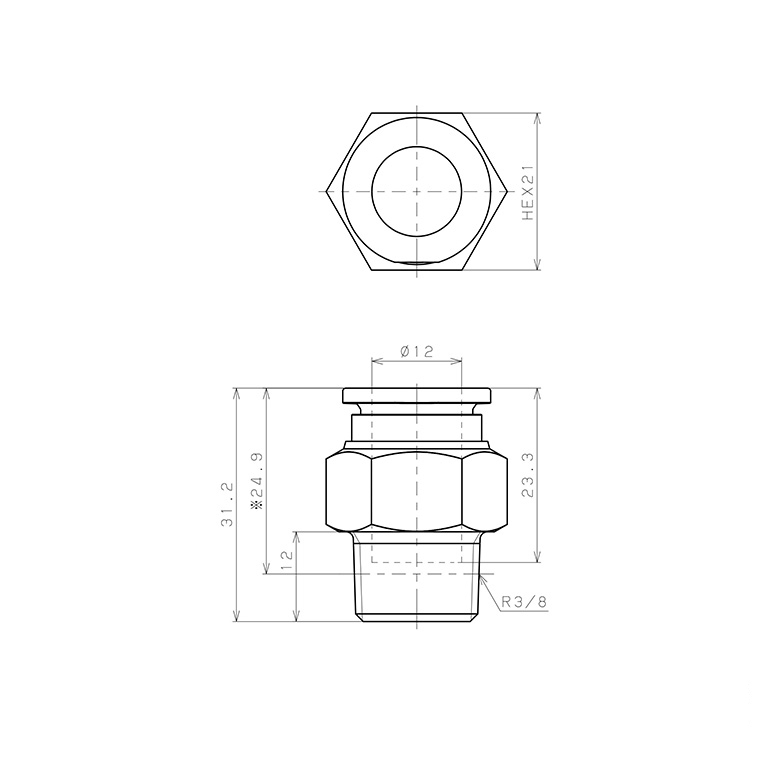 Bản vẽ kỹ thuật Đầu Nối Nhanh Khí Nén Dạng Thẳng Thân Lục Giác Ren Ngoài Pisco SSPC12-03-X-TP-C