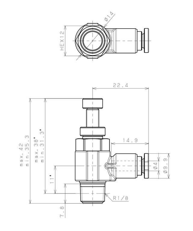 Bản vẽ kỹ thuật Van Tiết Lưu Khí Nén Chân Kim, Inox 316 Pisco SSJNC4-01