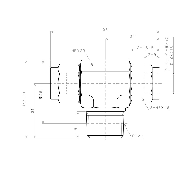 Bản vẽ kỹ thuật Đầu Ngạnh Nối Ống Có Đai Ốc Xiết Dạng Chữ T Ren Ngoài Pisco NSB1210-04