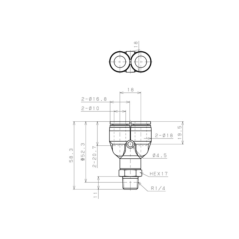 Bản vẽ kỹ thuật Đầu Nối Nhanh Khí Nén Dạng Chữ Y Ren Ngoài Pisco SPPX10-02SP