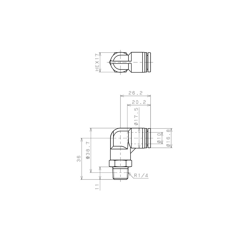 Bản vẽ kỹ thuật Đầu Nối Nhanh Khí Nén Dạng Cong 90° Ren Ngoài Pisco SPPL10-02SP