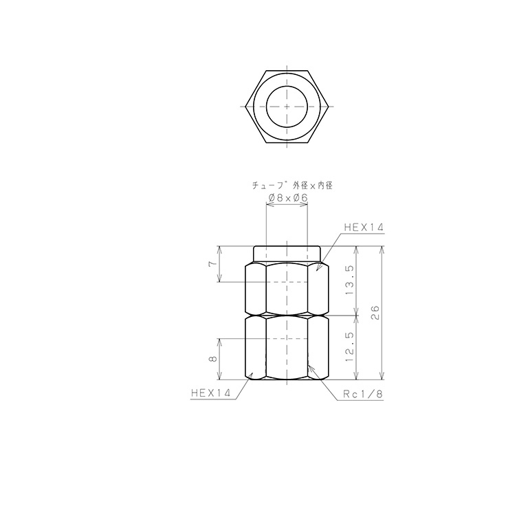 Bản vẽ kỹ thuật Đầu Ngạnh Nối Ống Có Đai Ốc Xiết Dạng Thẳng Thân Lục Giác Ren Trong Pisco NSCF0860-01