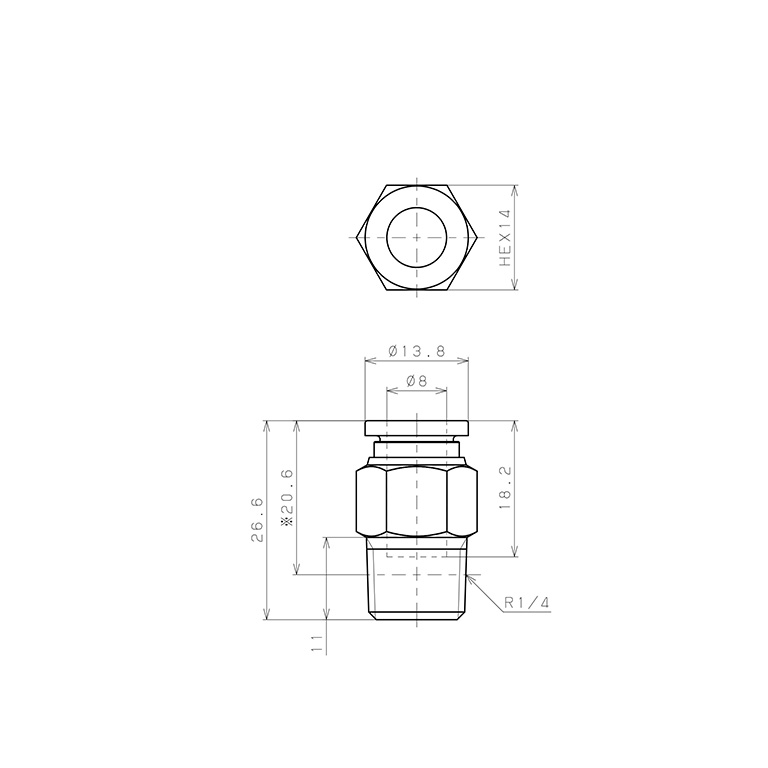 Bản vẽ kỹ thuật Đầu Nối Nhanh Khí Nén Dạng Thẳng Thân Lục Giác Ren Ngoài Pisco SPPC8-02SP