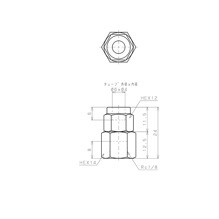 Bản vẽ kỹ thuật Đầu Ngạnh Nối Ống Có Đai Ốc Xiết Dạng Thẳng Thân Lục Giác Ren Trong Pisco NSCF0640-01